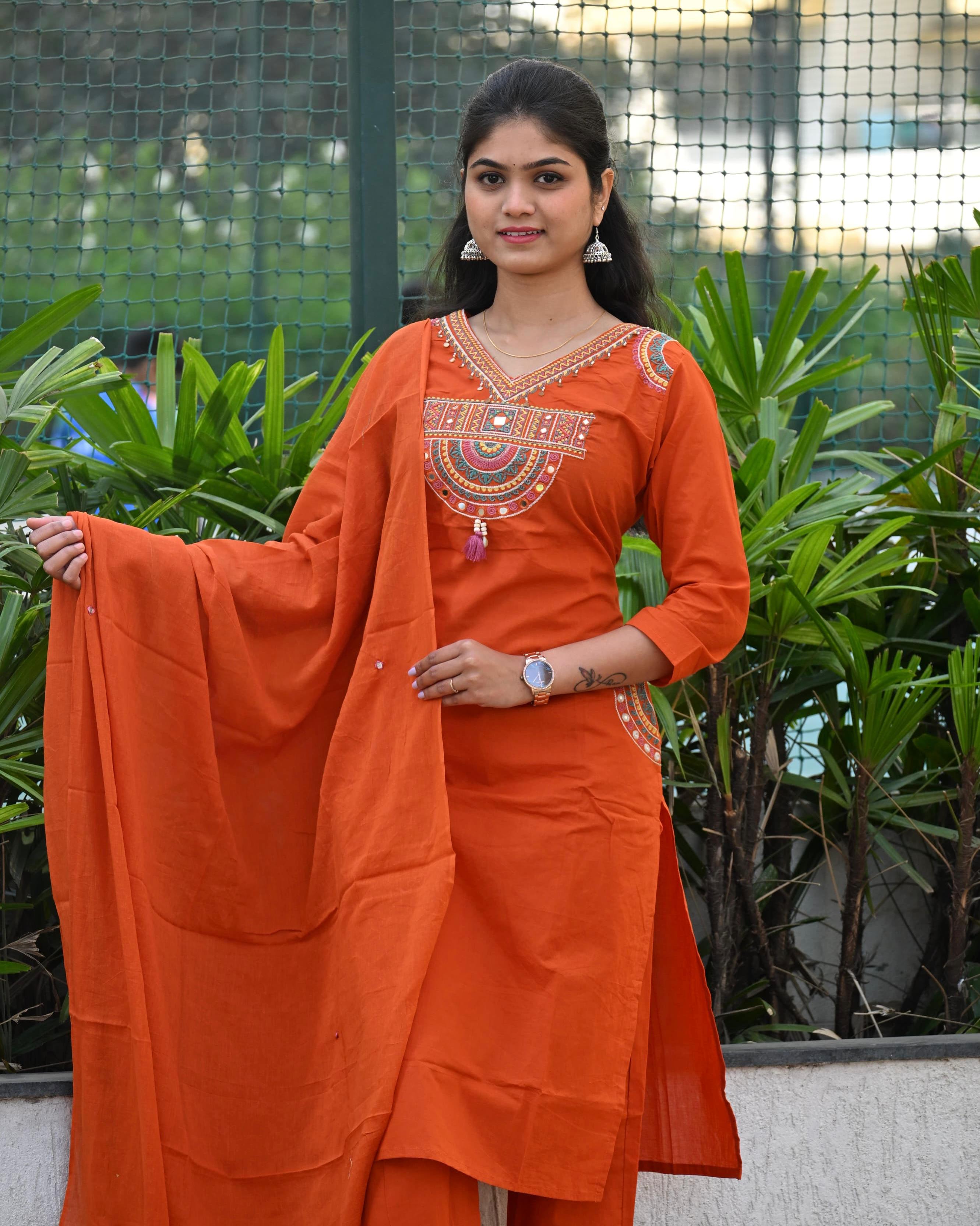 Cotton Orange Mirror Kurti Set