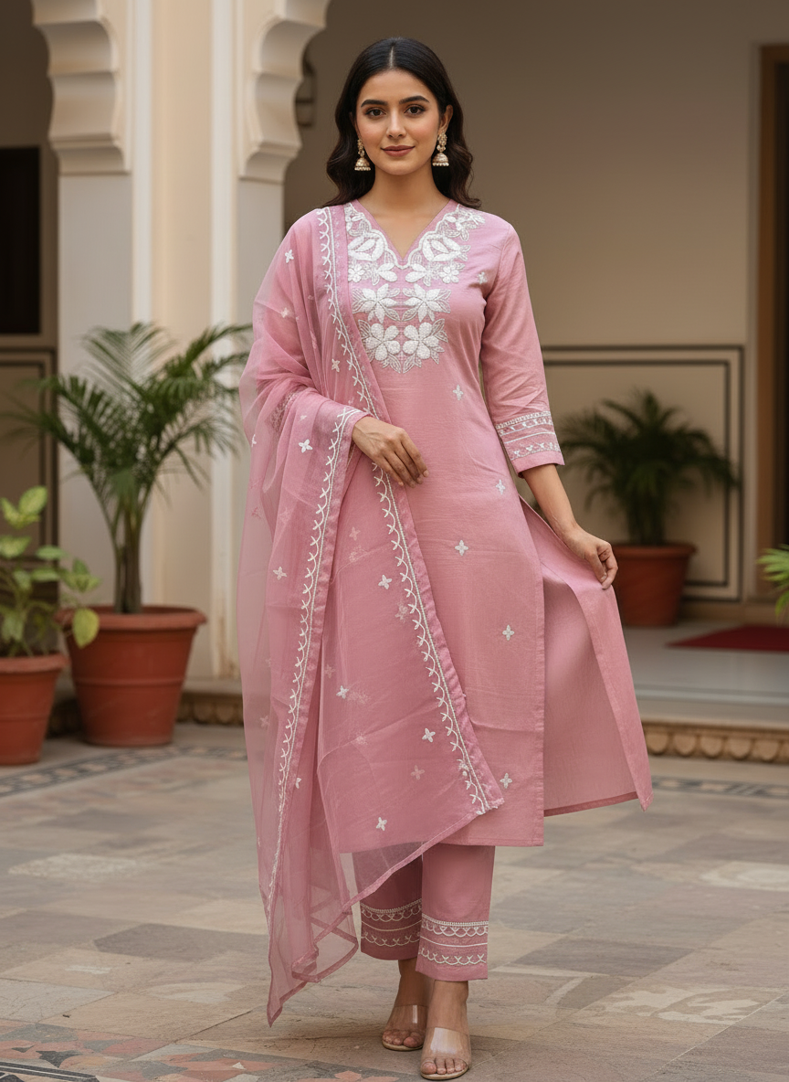 Premium V-Neck Floral Design Suit - Pink
