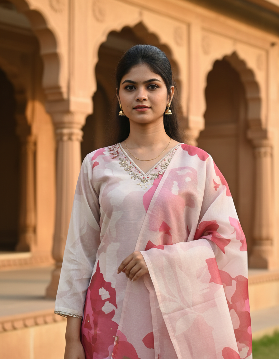 Premium Floral Silk Suit - Pink
