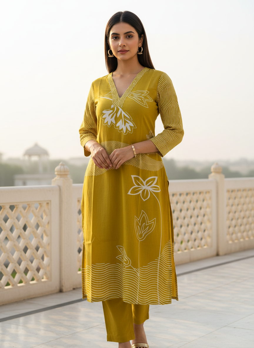 V-Neck Parrot Green Cotton Coord Set